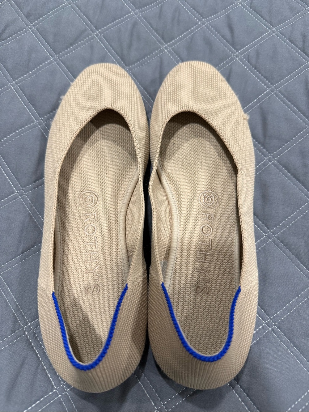 Rothy's Beige Knit Ballet Flats with Blue Trim - Flaws